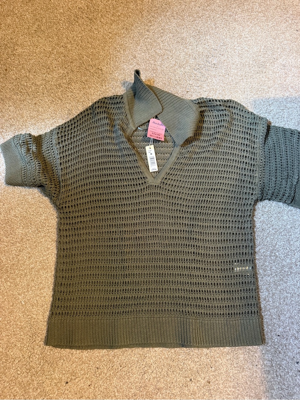 Max Studio Olive Open-Knit V-Neck Sweater